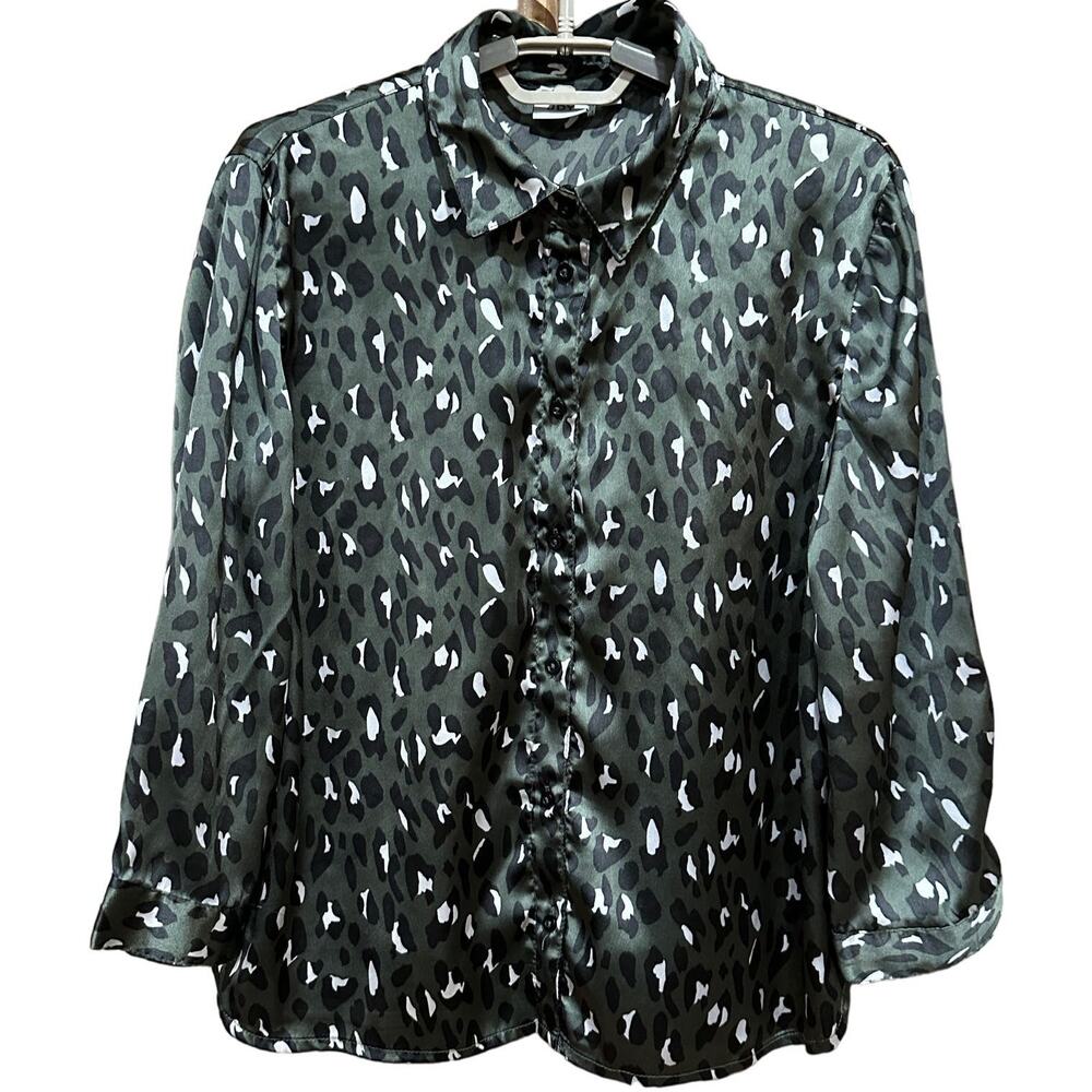 JDY Blouse Women 38 US M Green Leopard Button Up Long Sleeve Business Casual